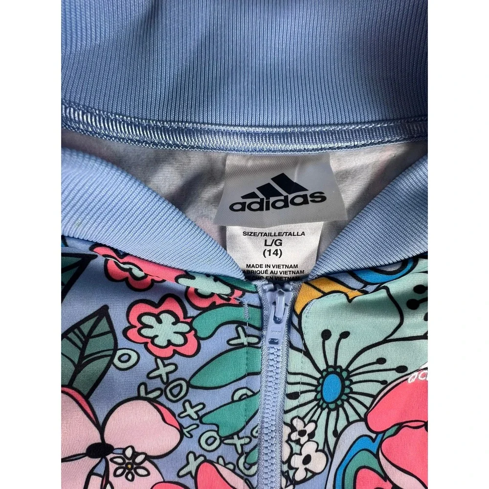 Adidas Girls Floral Doodle Print Track Jacket Blue Pink‎ Full Zip Size L 14